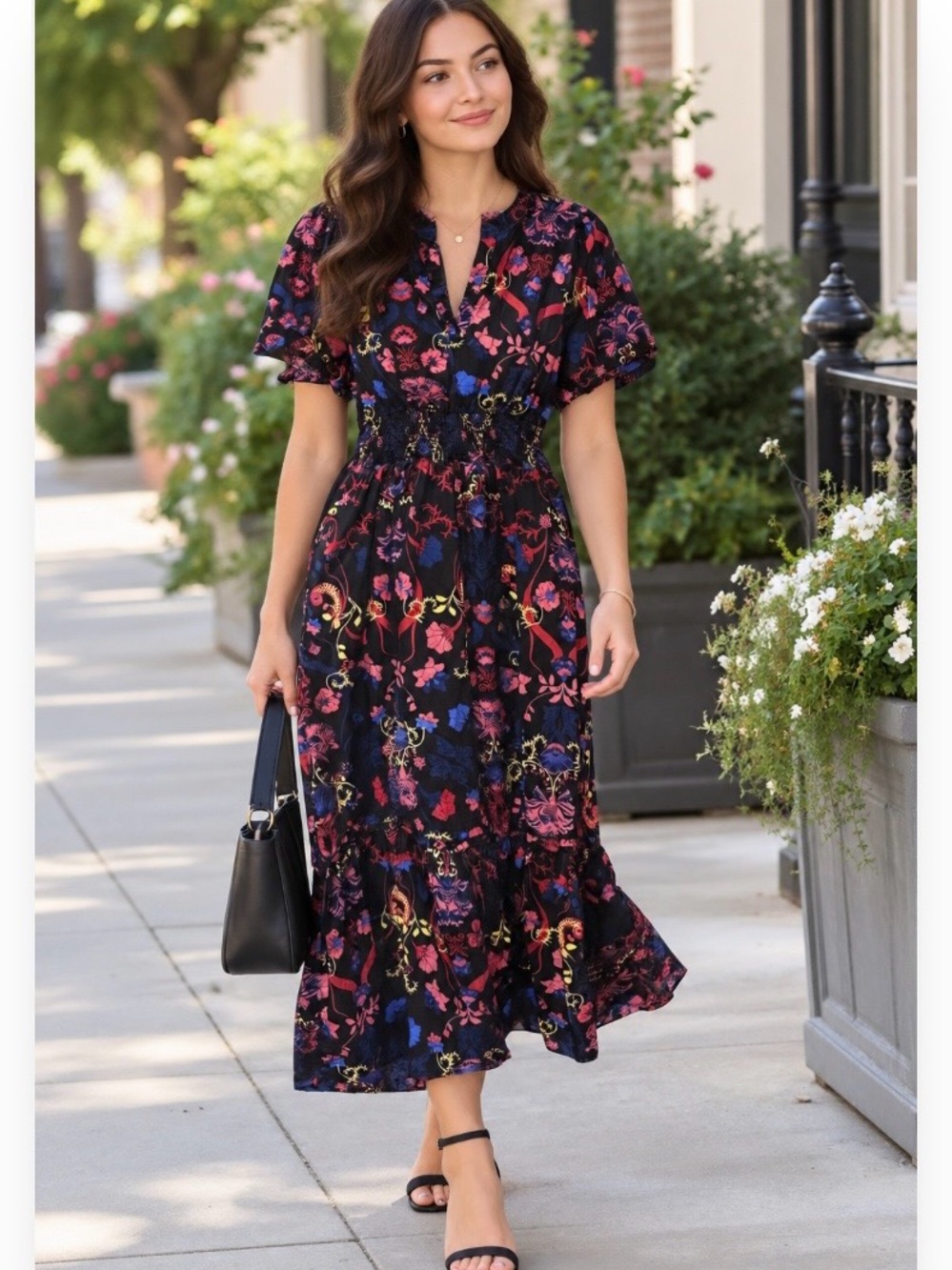 Sugarlips Black Floral Midi Dress with Pink & Blue Accents
